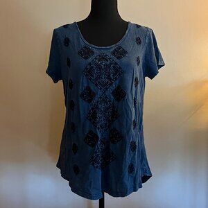 Lucky Brand Navy Cotton Short Sleeve T-shirt with Embroidery